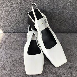 Zara RareSquared Toe Strappy Block Heel Sling Back Shoes Sandals Sz 41|9.5 White